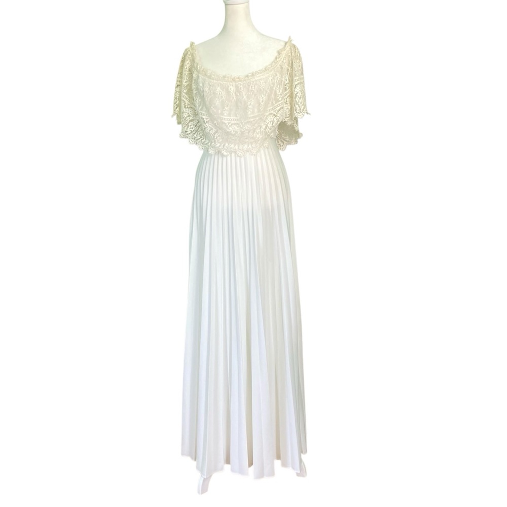 Vintage Pleated Lace Maxi Gown Dress White Cream Empire Waist Cape (Size XS/S) - Picture 1 of 16